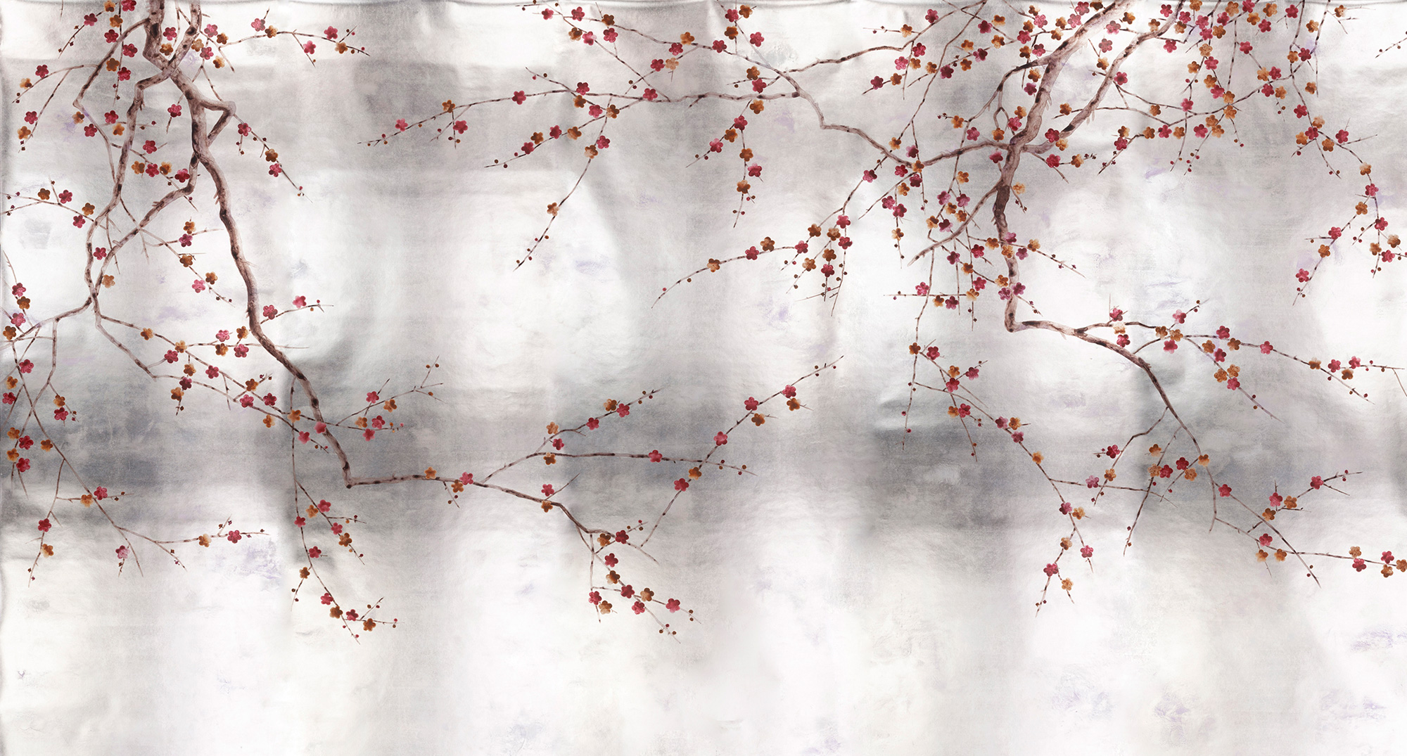 Обои ручная роспись Plum Blossom Original colourway on Tarnished Silver gilded paper with pearlescent antiquing Обои ручная роспись Plum Blossom Original colourway on Tarnished Silver gilded paper with pearlescent antiquing - постер Loft-Concept в Твери