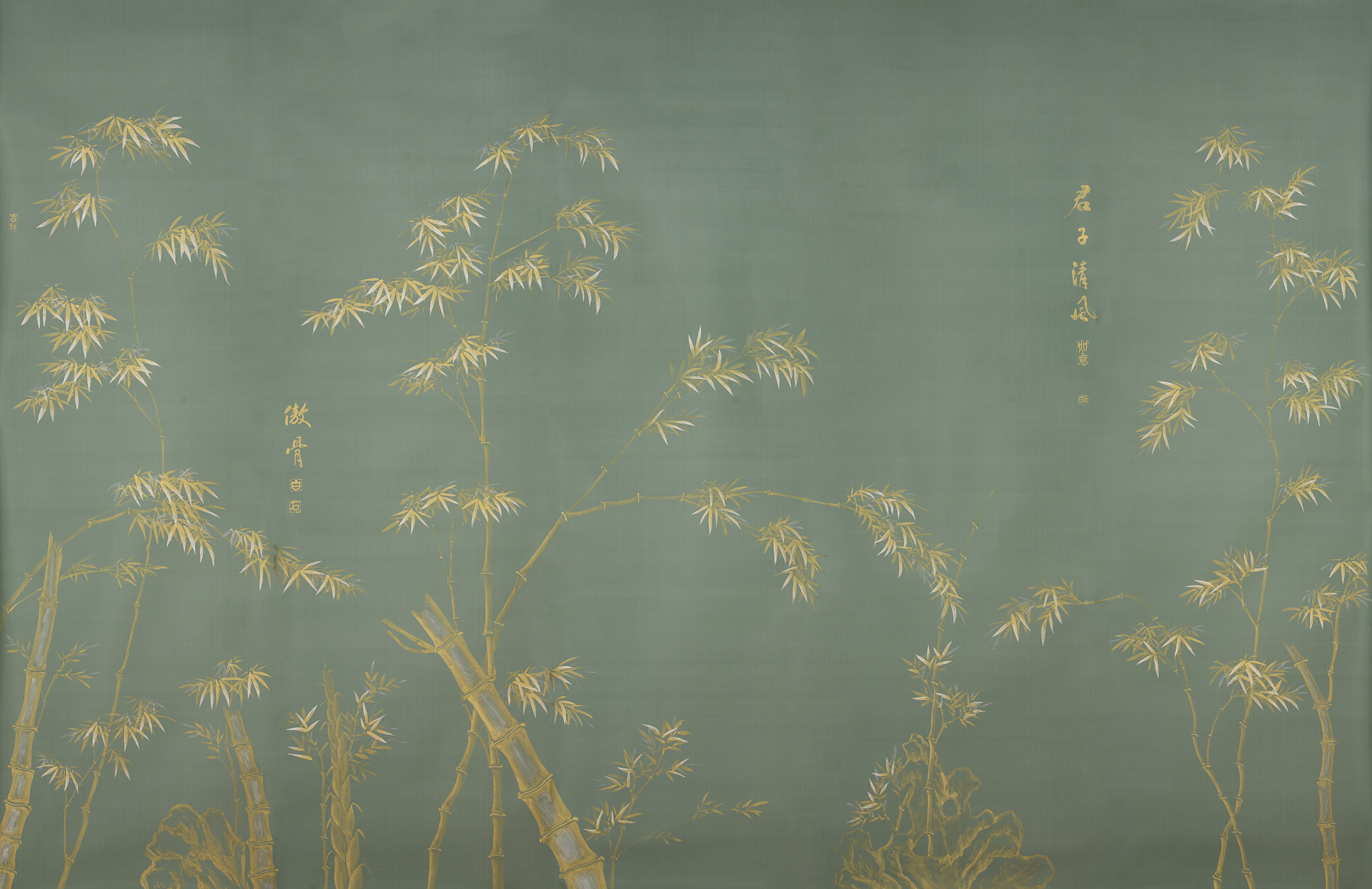 Обои ручная роспись Bamboo Golden on Blue grey dyed silk Обои ручная роспись Bamboo Golden on Blue grey dyed silk - постер Loft-Concept в Твери