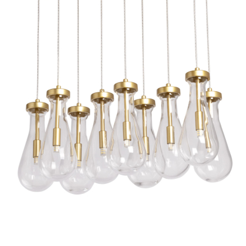 Люстра с 9-ю прозрачными стеклянными плафонами в форме капли Lucid Rain  Золотой Прозрачный в Твери | Loft Concept 