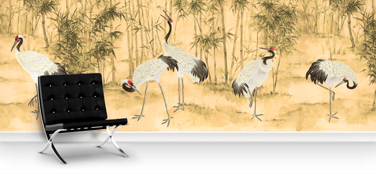 Обои ручная роспись Bamboo and Cranes - фото