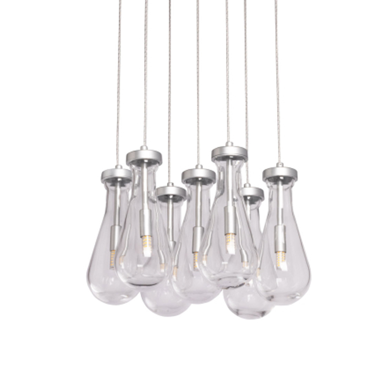 Люстра с 7-ю прозрачными плафонами из стекла в форме капли на круглом потолочном основании цвета хром Lucid Rain  Серебряный Прозрачный в Твери | Loft Concept 