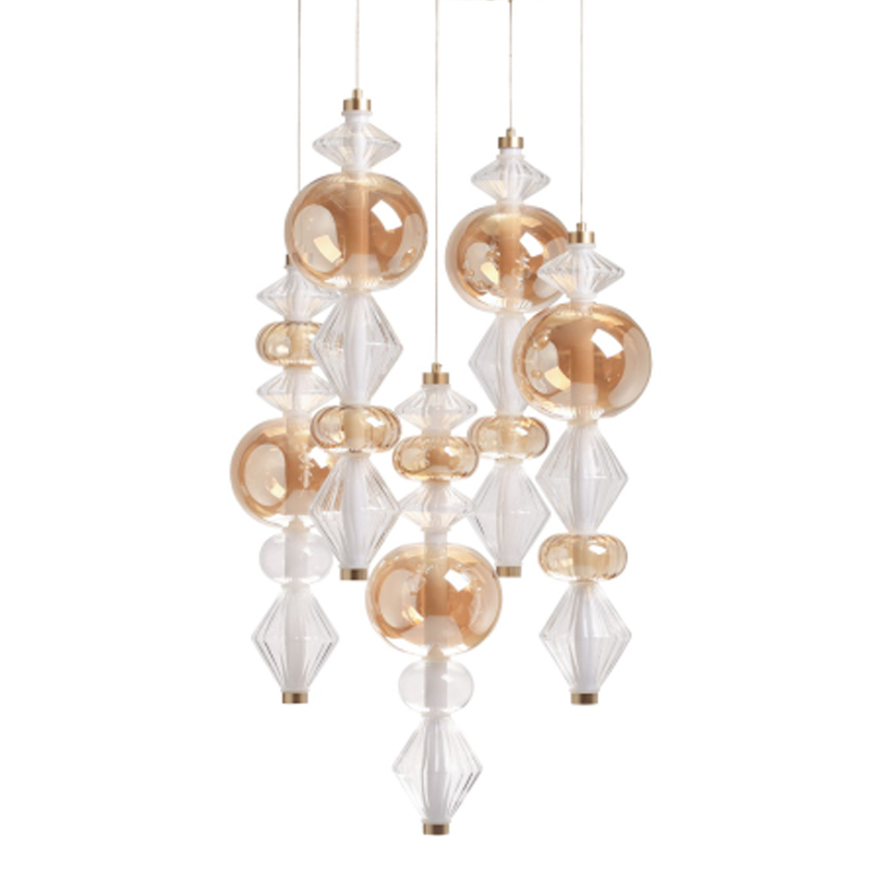 Люстра с плафонами из прозрачного и янтарного стекла в виде шаров и ромбов Gabriel Scott Luna Золотой Прозрачное Стекло Янтарный в Твери | Loft Concept 