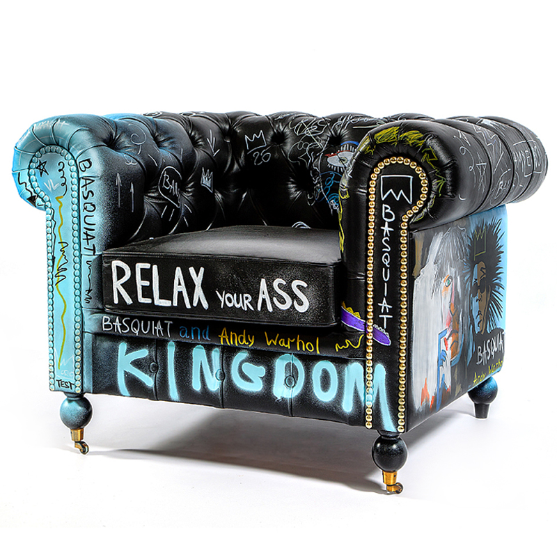 Кресло "Баския и Уорхол" Basquiat Warhol graffiti chair натуральная кожа Черный Мульти в Твери | Loft Concept 