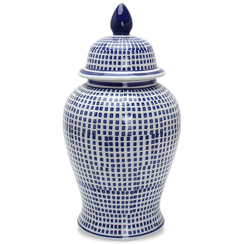 Ваза с крышкой Oriental Blue & White Square Pattern Vase Белый Синий Ваза с крышкой Oriental Blue & White Square Pattern Vase Белый Синий в Твери | Loft Concept