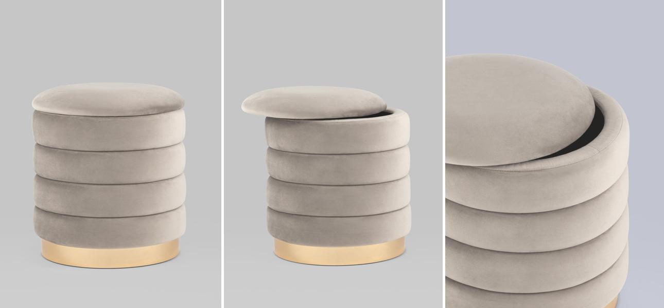 Пуф с ящиком Charlotte бежево-серый Glossy Velor - фото