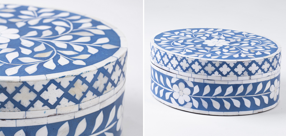 Круглая синяя шкатулка инкрустация кость - фото №1