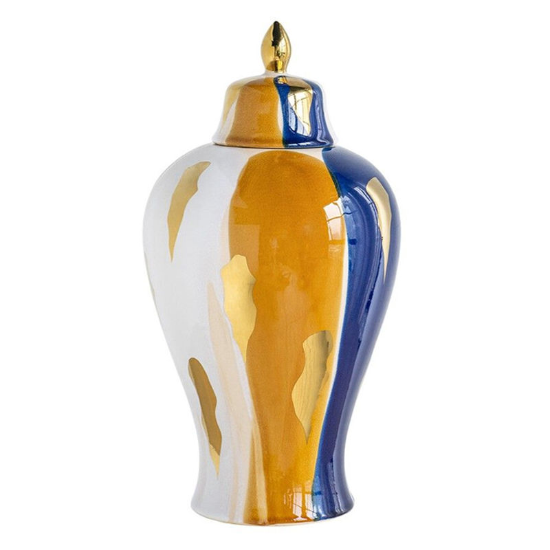 Ваза с крышкой и мазками синего и золого цвета на белом фоне Chinoiserie Ceramics Белый Оранжевый Золотой Синий в Твери | Loft Concept 