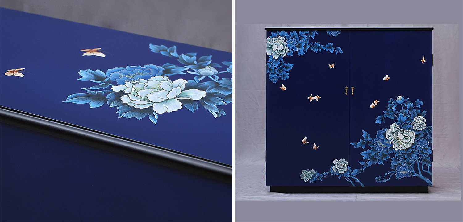 Синий Комод в Китайском стиле  ручная роспись Цветы и Бабочки Flowers and Butterflies Blue chest - фото