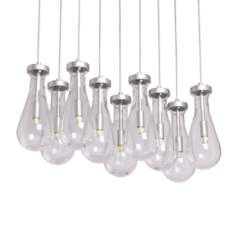 Люстра с 9-ю прозрачными плафонами из стекла в форме капли на прямоугольном потолочном основании цвета хром Lucid Rain  Серебряный Прозрачный в Твери | Loft Concept 