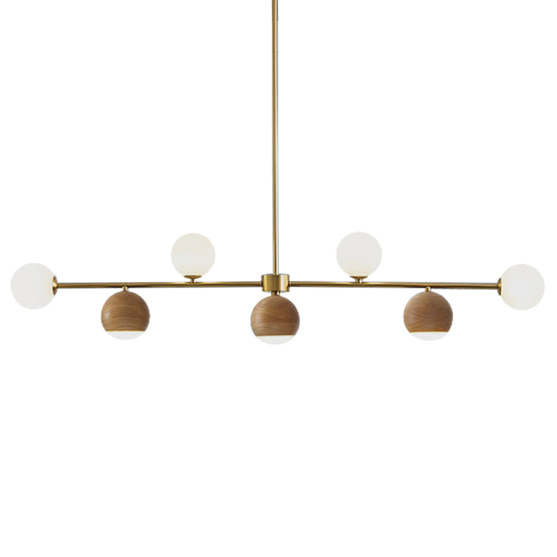 Линейная люстра Theo Metal Wooden Linear Chandelier Коричневый Латунь Белое матовое стекло Линейная люстра Theo Metal Wooden Linear Chandelier Коричневый Латунь Белое матовое стекло в Твери | Loft Concept