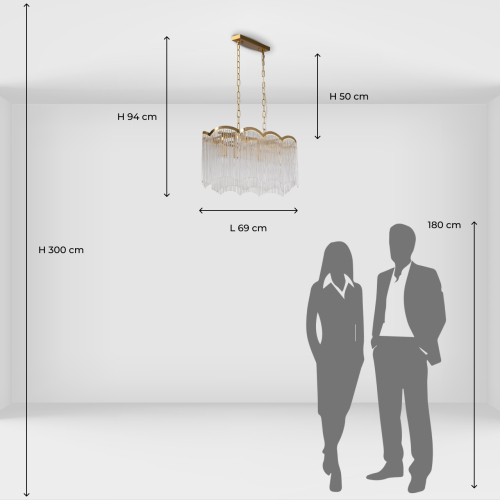 Люстра прямоугольная на цепях с прозрачными трубками и волнистым краем Nembus в Твери