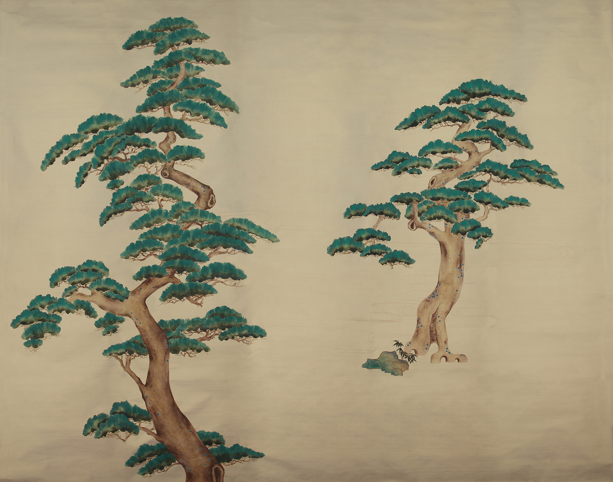 Обои ручная роспись Pine Trees Original colourway on New Faint Gold metallic silk Обои ручная роспись Pine Trees Original colourway on New Faint Gold metallic silk - постер Loft-Concept в Твери