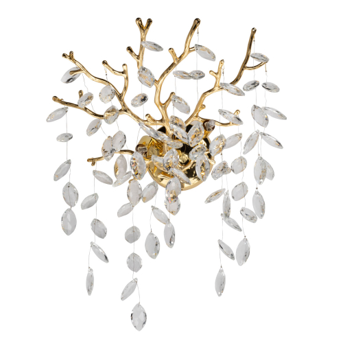 Бра золотого цвета с декоративными ветвями и прозрачными подвесками в форме листьев Droplet Chandelier Золотой Прозрачный в Твери | Loft Concept 