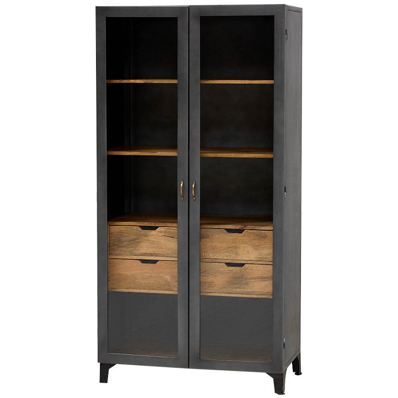 Шкаф металлический в стиле лофт с деревянными ящиками Russell Cabinet Графитовый Древесина Латунь Шкаф металлический в стиле лофт с деревянными ящиками Russell Cabinet Графитовый Древесина Латунь в Твери | Loft Concept