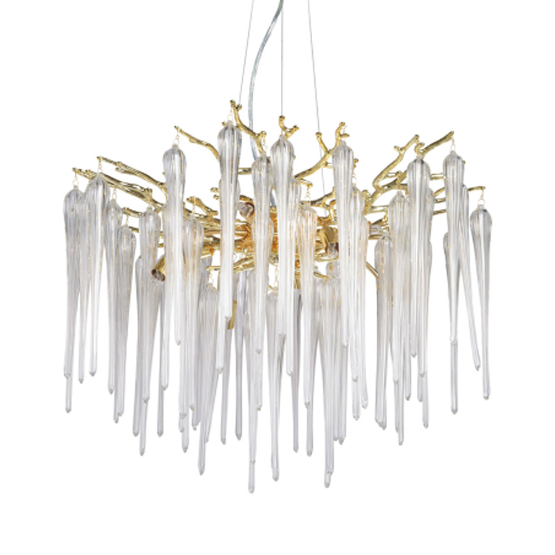 Люстра золотого цвета с декоративными ветками и длинными прозрачными стеклянными подвесами в форме сосулек Droplet Chandelier Золотой Прозрачный в Твери | Loft Concept 