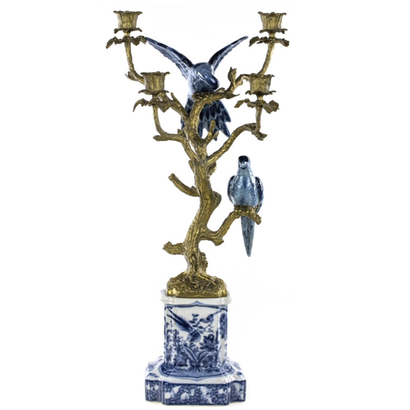 Подсвечник Blue & White Porcelain Bronze Parrots Белый Синий Бронза Подсвечник Blue & White Porcelain Bronze Parrots Белый Синий Бронза в Твери | Loft Concept
