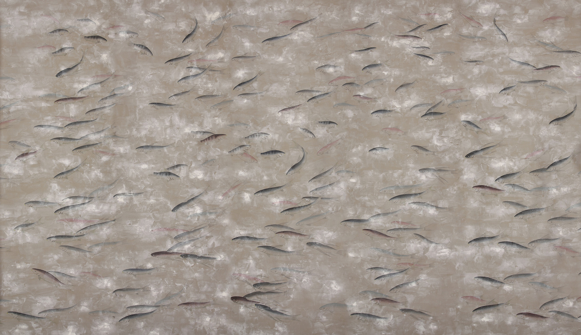 Обои ручная роспись Fishes Blue Pearl on Lead Grey dyed silk with antiquing Обои ручная роспись Fishes Blue Pearl on Lead Grey dyed silk with antiquing - постер Loft-Concept в Твери