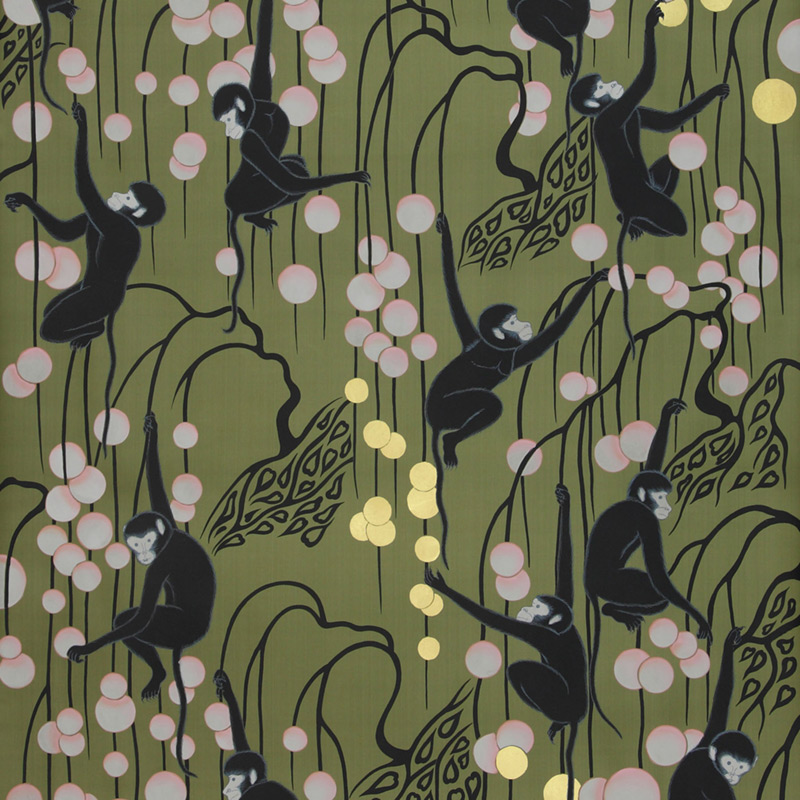 Обои ручная роспись Deco Monkeys Special Colourway on Olive dyed silk Обои ручная роспись Deco Monkeys Special Colourway on Olive dyed silk в Твери | Loft Concept