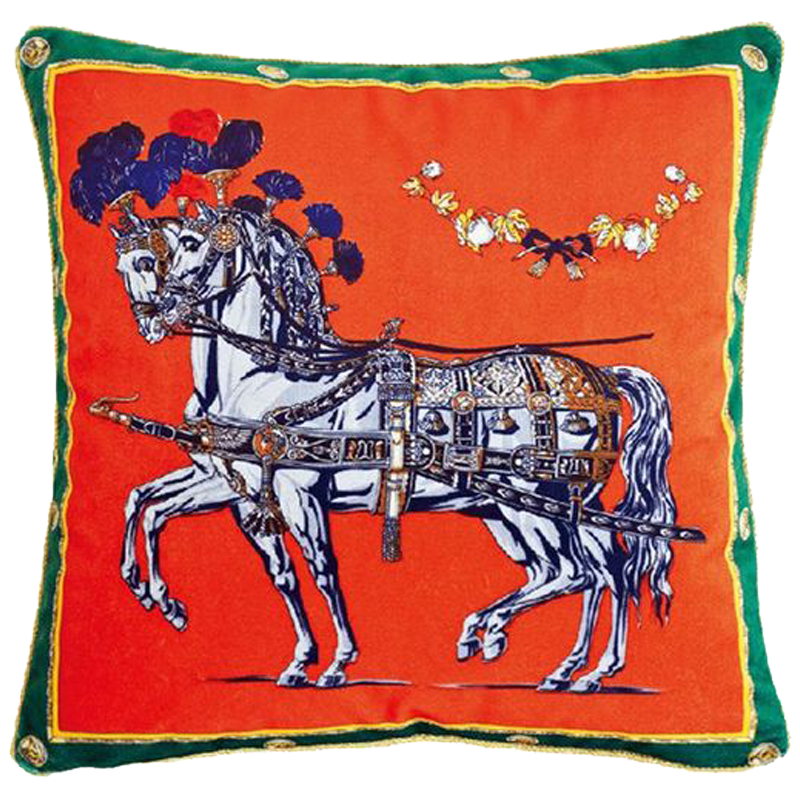 Декоративная подушка Hermes Horses 118 Оранжевый Зеленый Синий Белый в Твери | Loft Concept 
