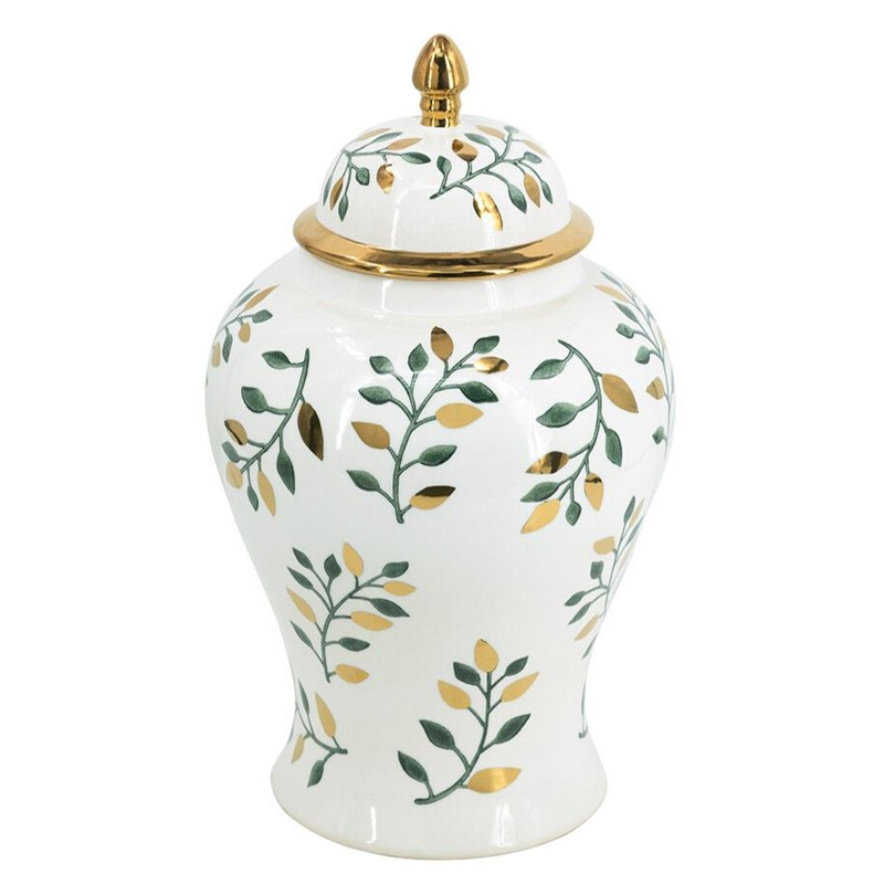 Ваза белая с крышкой с рисунком зеленых и золотых листьев 48 см Chinoiserie Ceramics Белый Зеленый Золотой в Твери | Loft Concept 