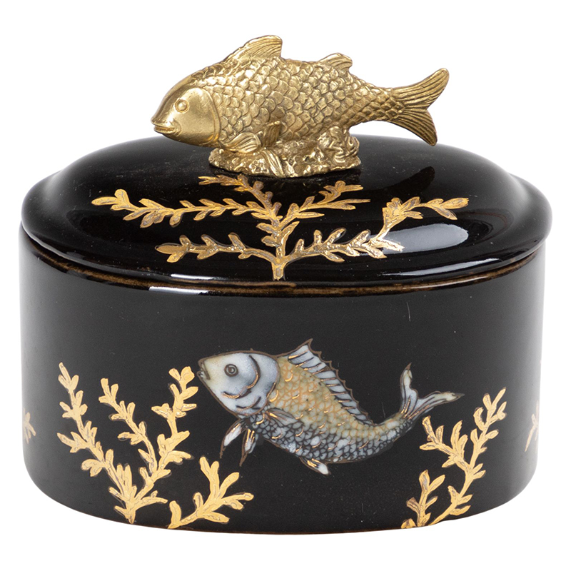 Шкатулка черная фарфоровая Золотая Рыбка Gold fish Черный Золотой Шкатулка черная фарфоровая Золотая Рыбка Gold fish Черный Золотой в Твери | Loft Concept