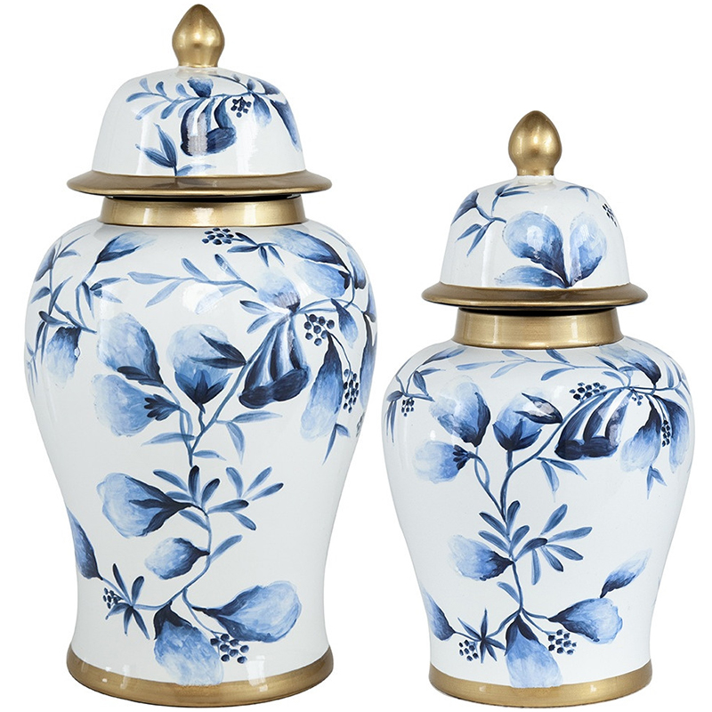 Ваза с крышкой Blue Plant Vase Золотой Белый Синий Ваза с крышкой Blue Plant Vase Золотой Белый Синий в Твери | Loft Concept