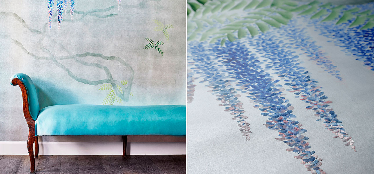 Обои в Японском стиле Wisteria Colourway SC-97 on Sterling Silver gilded silk - фото