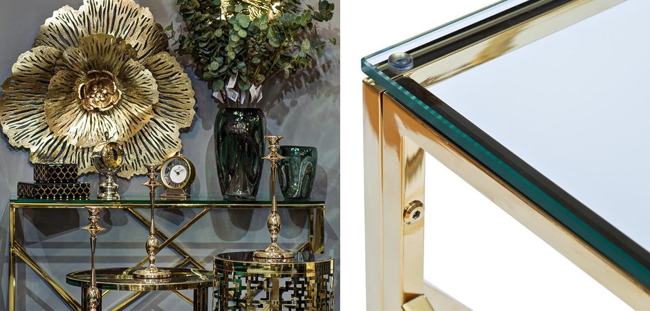 Консоль Serene Furnishing Gold Clear Glass Top Console Консоль Serene Furnishing Gold Clear Glass Top Console - Loft-Concept в Твери