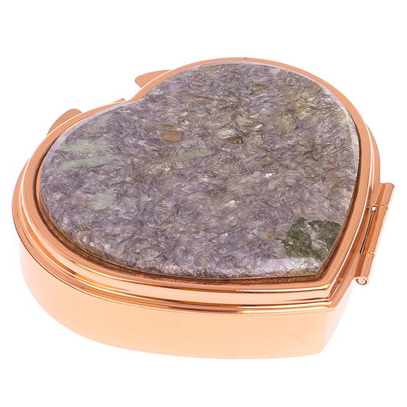 Таблетница карманная в форме сердца с 3-мя отделениями с зеркалом и накладкой из натурального камня Лепидолит Red Gold Stone Pillboxes Золотой Сиреневый в Твери | Loft Concept 