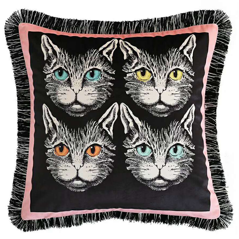 Декоративная подушка с вышивкой Cтиль Gucci Four Cats Черный Розовый Белый Декоративная подушка с вышивкой Cтиль Gucci Four Cats Черный Розовый Белый в Твери | Loft Concept
