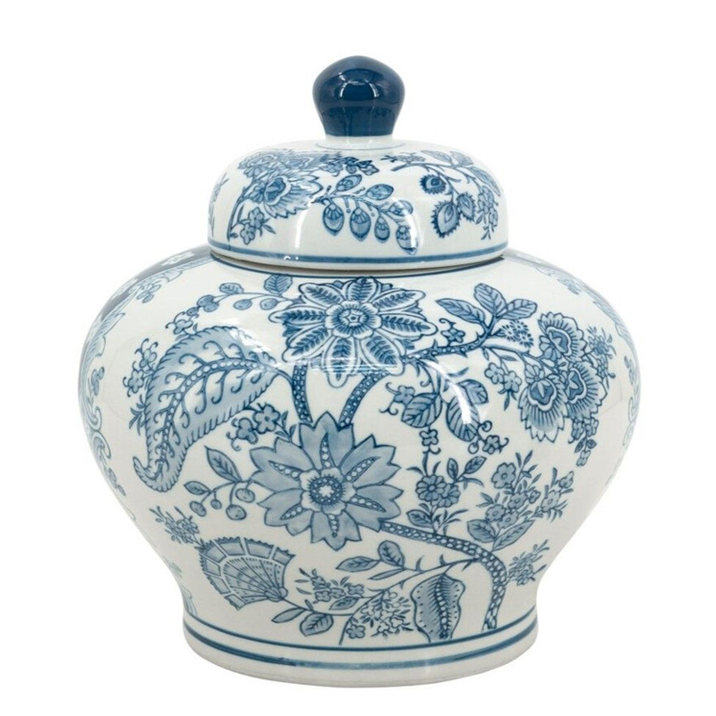 Ваза с крышкой и синим узором в виде цветов и листьев Blue & White Ornament Белый Синий Ваза с крышкой и синим узором в виде цветов и листьев Blue & White Ornament Белый Синий в Твери | Loft Concept