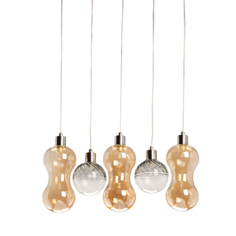 Люстра с 3-мя плафонами волнообразной формы цвета янтарь и 2-мя прозрачными шарообразными плафонами Lucid Rain  Черный Прозрачный Янтарный в Твери | Loft Concept 