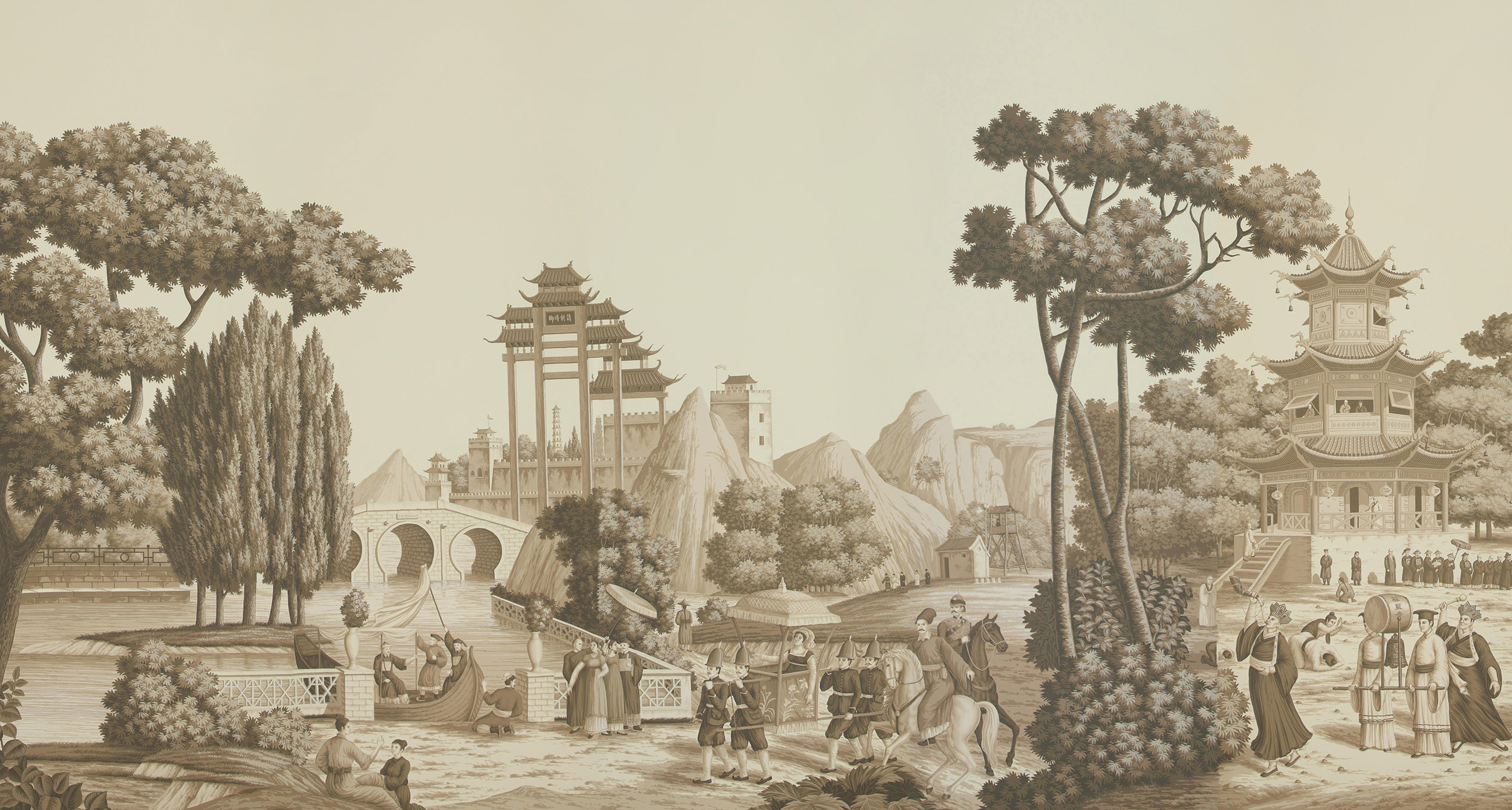 Обои ручная роспись Procession Chinoise Sepia on scenic paper - постер Loft-Concept в Твери