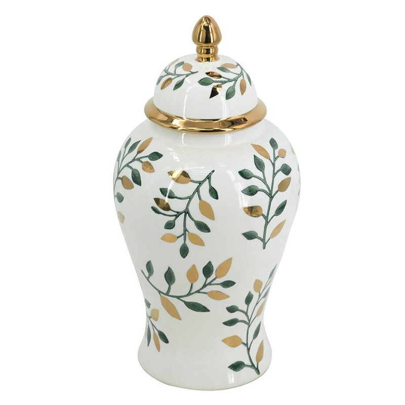 Ваза белая с крышкой с рисунком зеленых и золотых листьев 40 см Chinoiserie Ceramics Белый Зеленый Золотой Ваза белая с крышкой с рисунком зеленых и золотых листьев 40 см Chinoiserie Ceramics Белый Зеленый Золотой в Твери | Loft Concept