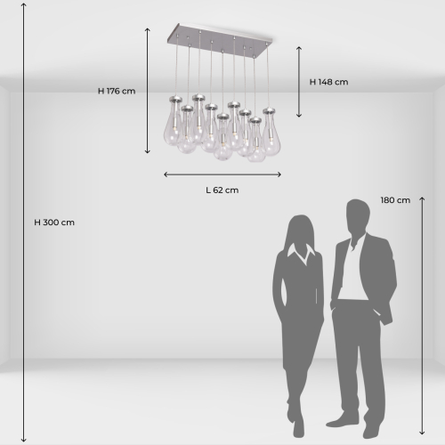 Люстра с 9-ю прозрачными плафонами из стекла в форме капли на прямоугольном потолочном основании цвета хром Lucid Rain  в Твери