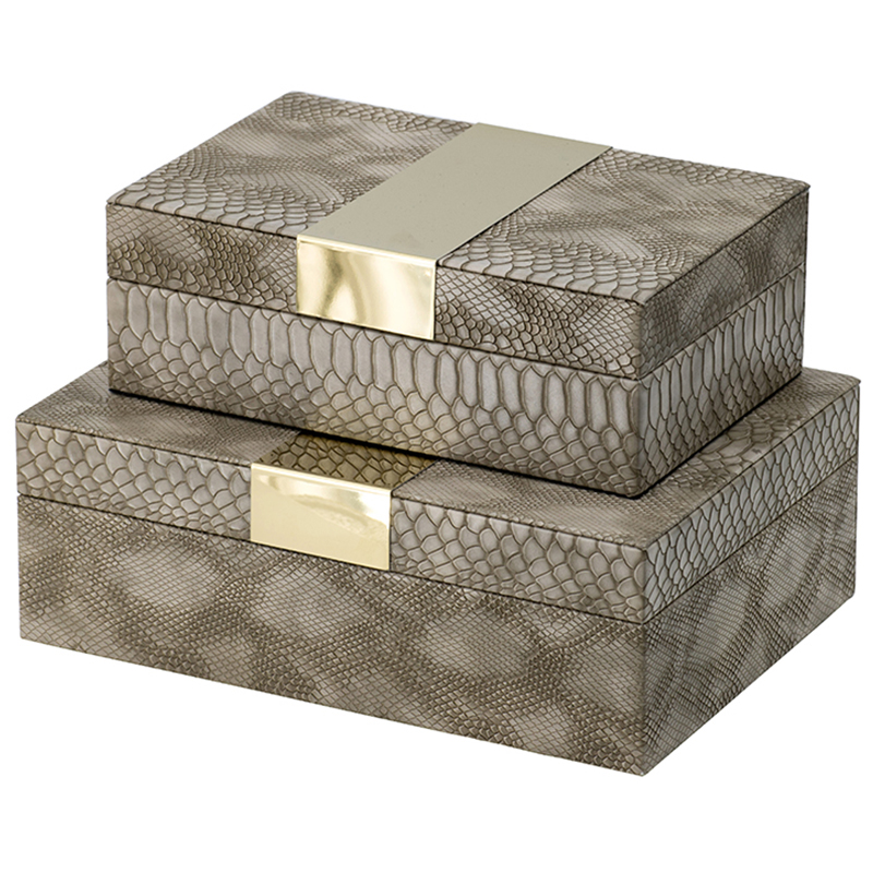 Комплект шкатулок Imitation Snakeskin Boxes Бежево-серый Глянцевое золото Комплект шкатулок Imitation Snakeskin Boxes Бежево-серый Глянцевое золото в Твери | Loft Concept