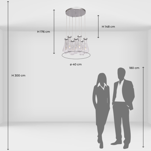 Люстра с 7-ю прозрачными плафонами из стекла в форме капли на круглом потолочном основании цвета хром Lucid Rain  в Твери