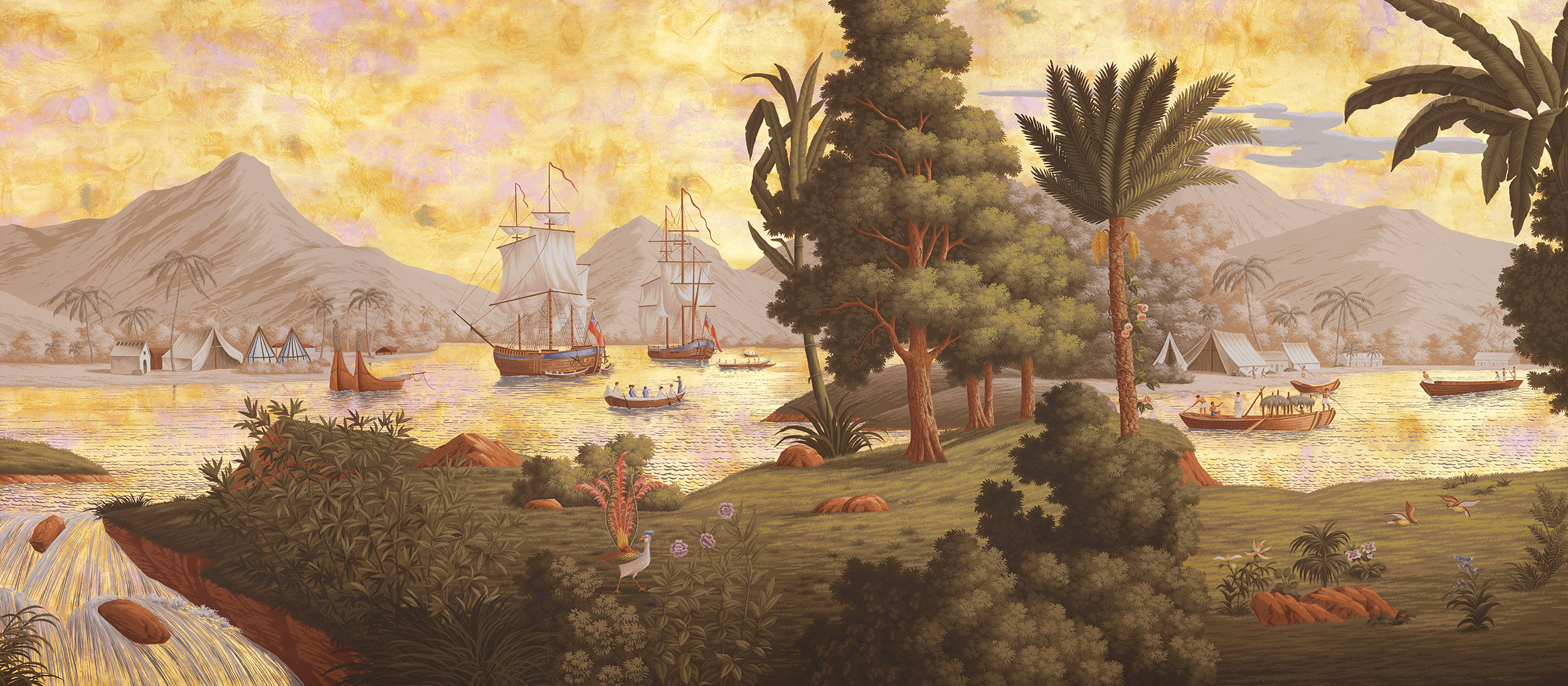 Обои ручная роспись Voyage of the Pacific Amarelo on Deep Rich Gold gilded paper with antiquing Обои ручная роспись Voyage of the Pacific Amarelo on Deep Rich Gold gilded paper with antiquing - постер Loft-Concept в Твери