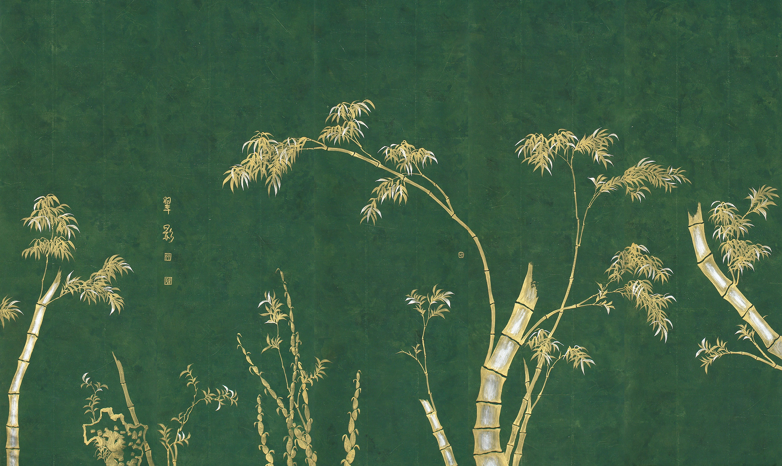 Обои ручная роспись Bamboo Golden on Edo Green India tea paper Обои ручная роспись Bamboo Golden on Edo Green India tea paper - постер Loft-Concept в Твери