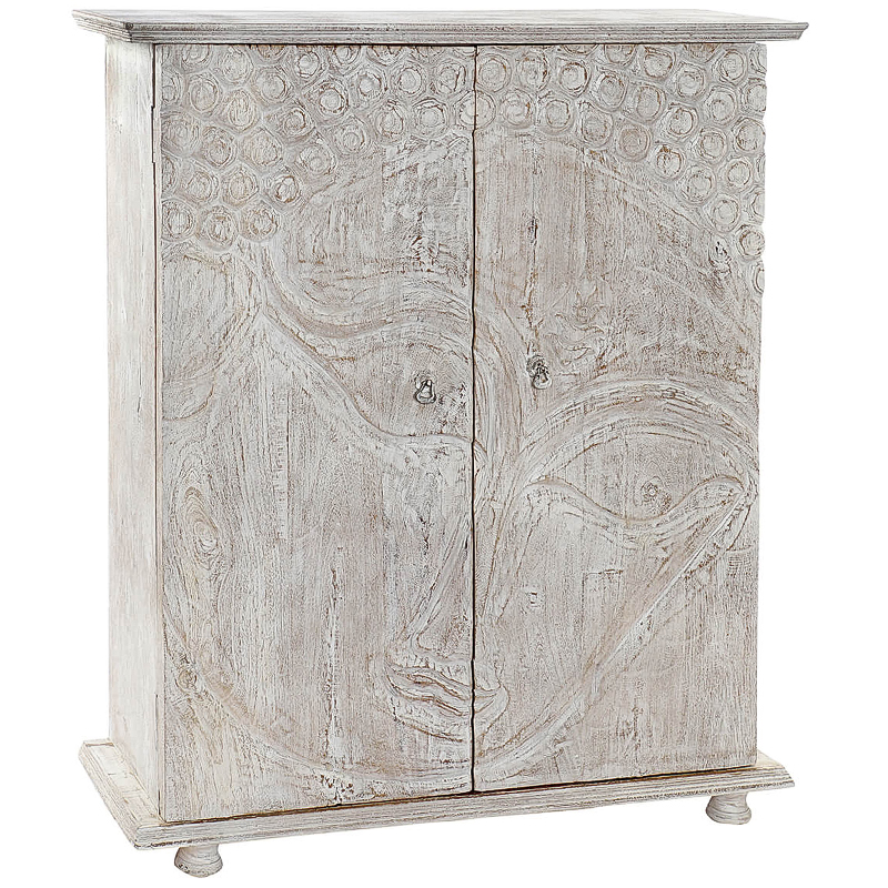 Комод деревянный с декорированным резными дверцами Buddha Chest of Drawers Белый Бежево-серый Комод деревянный с декорированным резными дверцами Buddha Chest of Drawers Белый Бежево-серый в Твери | Loft Concept