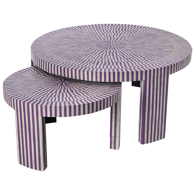 Комплект столиков Bone Inlay Round Violet Фиолетовый Белый Комплект столиков Bone Inlay Round Violet Фиолетовый Белый в Твери | Loft Concept