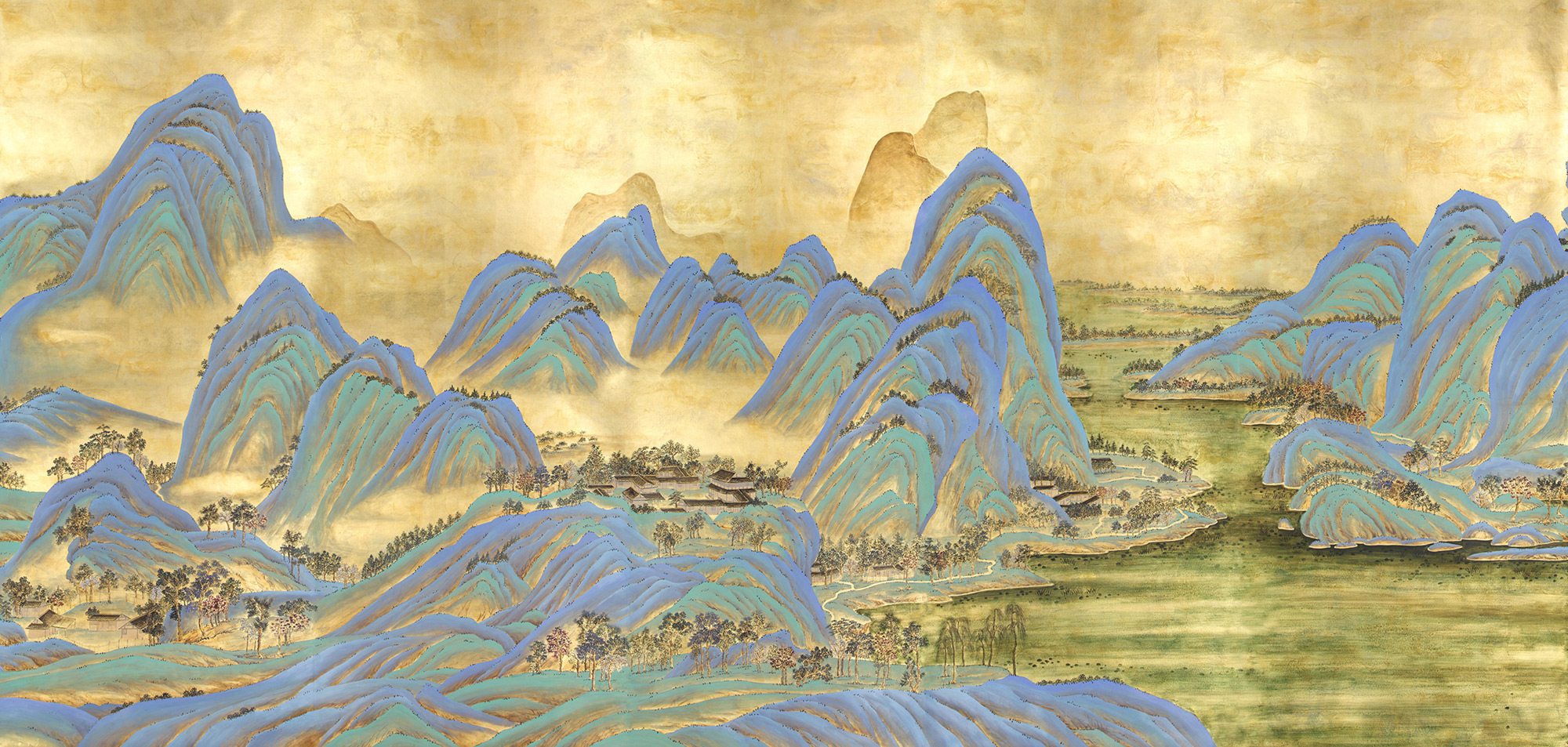 Обои ручная роспись A Thousand Li of Rivers and Mountains Original colourway on Deep Rich Gold gilded paper with gold pearlescent antiquing Обои ручная роспись A Thousand Li of Rivers and Mountains Original colourway on Deep Rich Gold gilded paper with gold pearlescent antiquing - постер Loft-Concept в Твери
