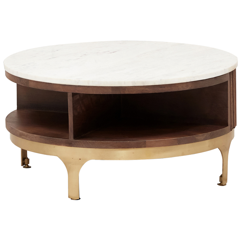 Круглый кофейный стол Sadie Round Coffee Table Белый Коричневый Латунь Круглый кофейный стол Sadie Round Coffee Table Белый Коричневый Латунь в Твери | Loft Concept