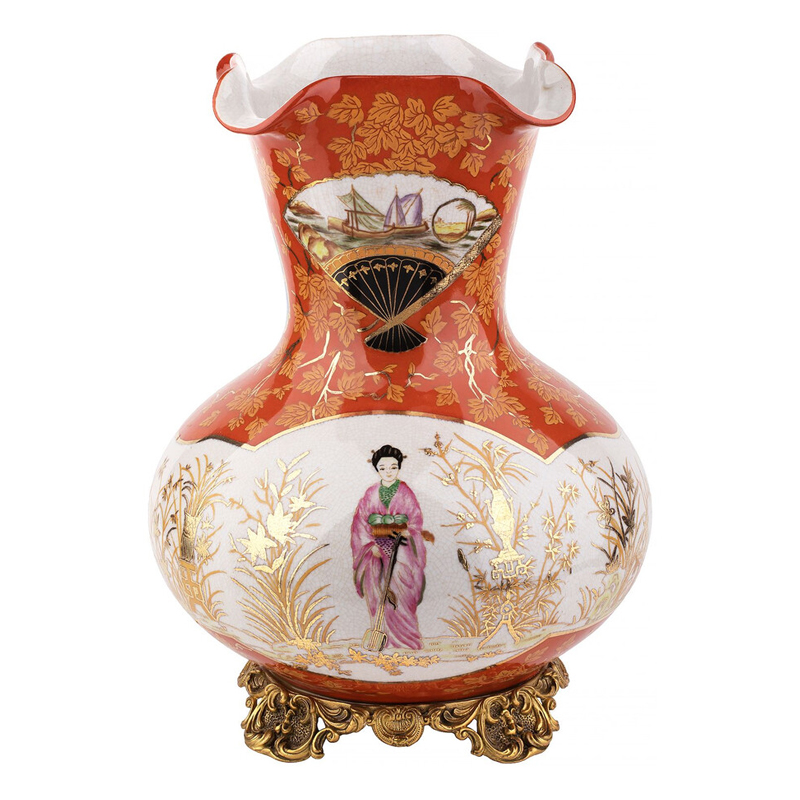 Ваза красного цвета с рисунком Chinoiserie Ceramics Белый Красный Бронза Ваза красного цвета с рисунком Chinoiserie Ceramics Белый Красный Бронза в Твери | Loft Concept