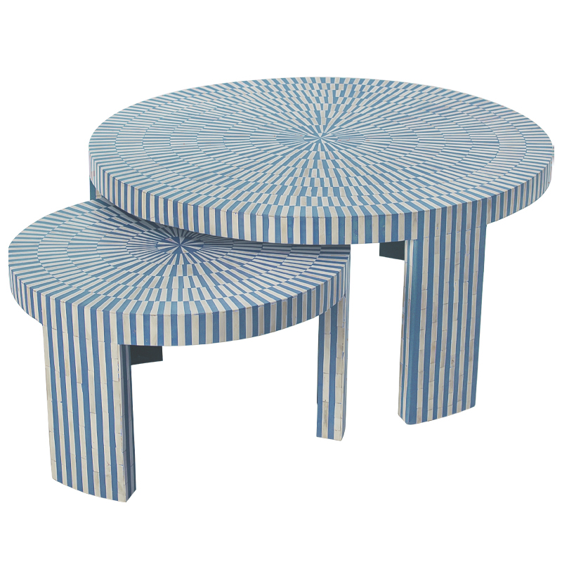 Комплект журнальных столов с инкрустацией Stripes Set of two tables blue Белый Голубой в Твери | Loft Concept 