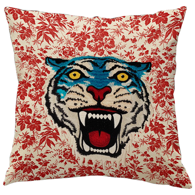 Декоративная подушка Стиль Gucci Blue Tiger Красный Бежевый Голубой Мульти Декоративная подушка Стиль Gucci Blue Tiger Красный Бежевый Голубой Мульти в Твери | Loft Concept