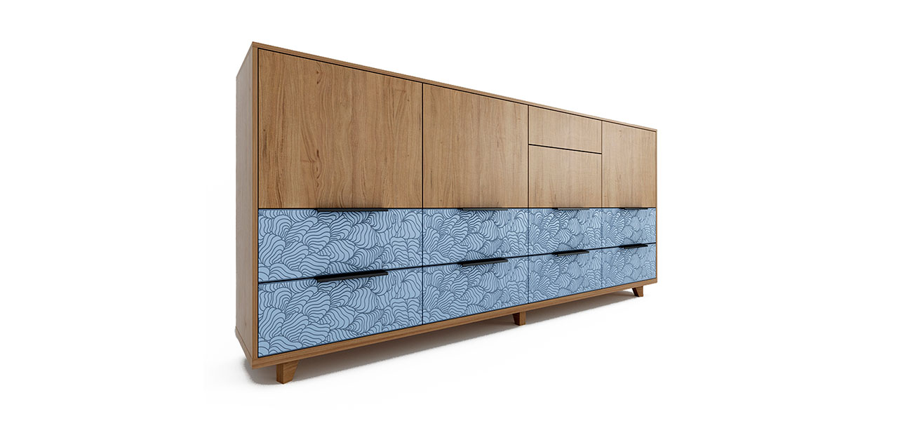 Комод длинный натуральный дуб с синим орнаментом Brian - фото