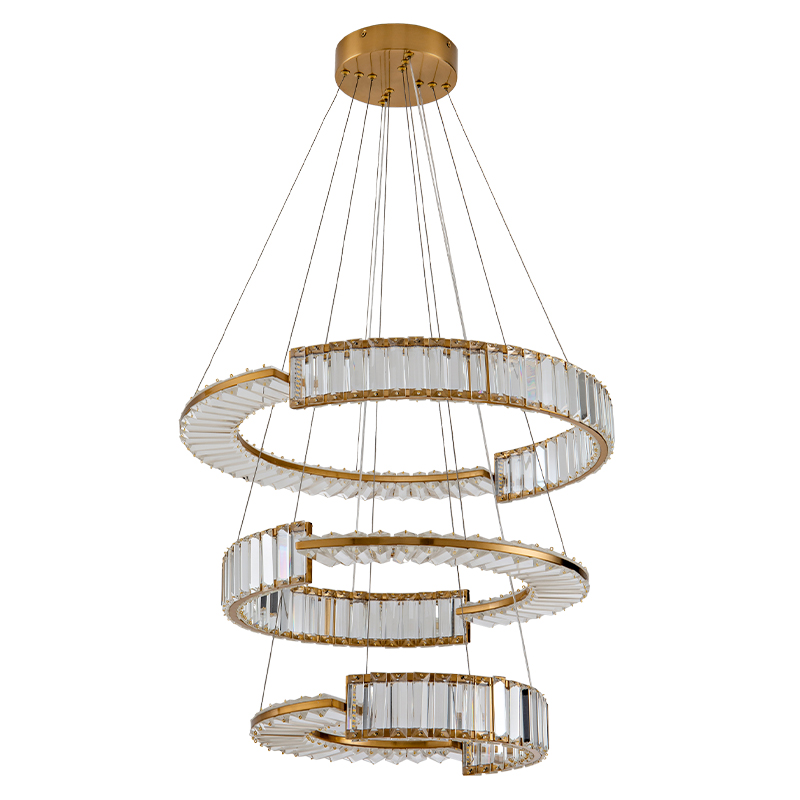 Светодиодная трехъярусная кольцевая люстра из хрусталя и стали с пультом для регулировки света Maude Crystal Light Латунь Прозрачный в Твери | Loft Concept 