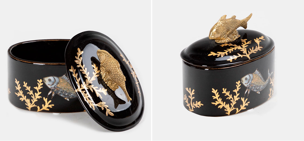 Шкатулка черная фарфоровая Золотая Рыбка Gold fish - фото №1