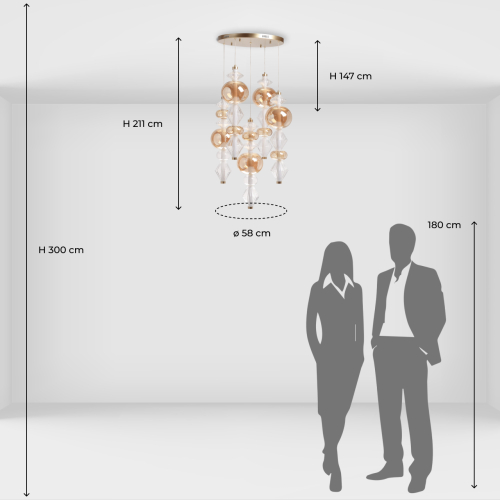 Люстра с плафонами из прозрачного и янтарного стекла в виде шаров и ромбов Gabriel Scott Luna в Твери